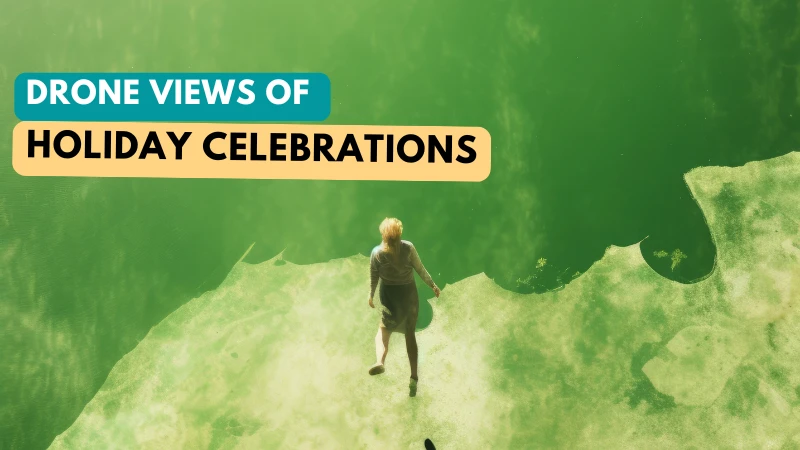 Woman on small island, drone view