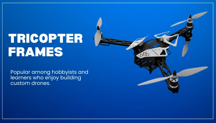 A black tricopter drone with three propellers displayed on a blue background